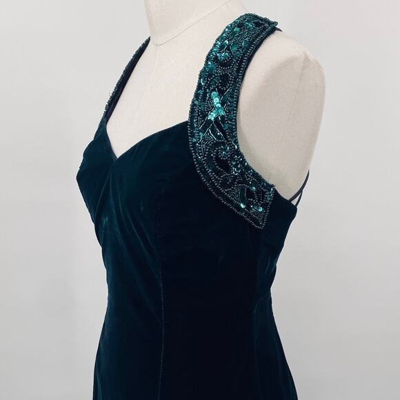 Vintage 90s Velvet Column Gown Sequin Halter Neck Strappy Back Teal Green 2 - Picture 4 of 14